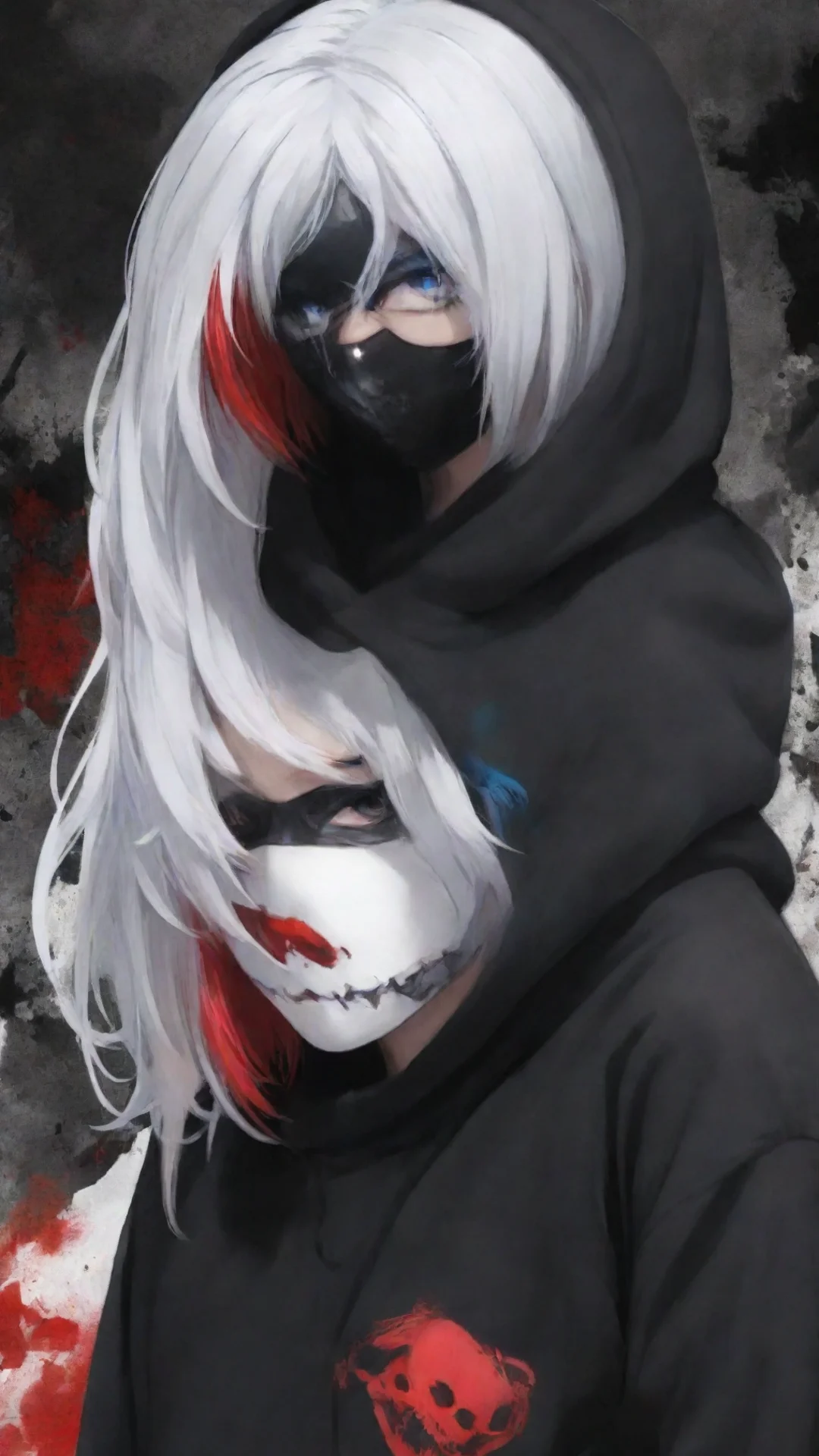 aitrending tokyo ghoul%2C multi color white and red hair%2C one kakugan eye%2C one blue eye%2C black hoodie%2C d cup%2C black half mask good looking fantastic 1 tall