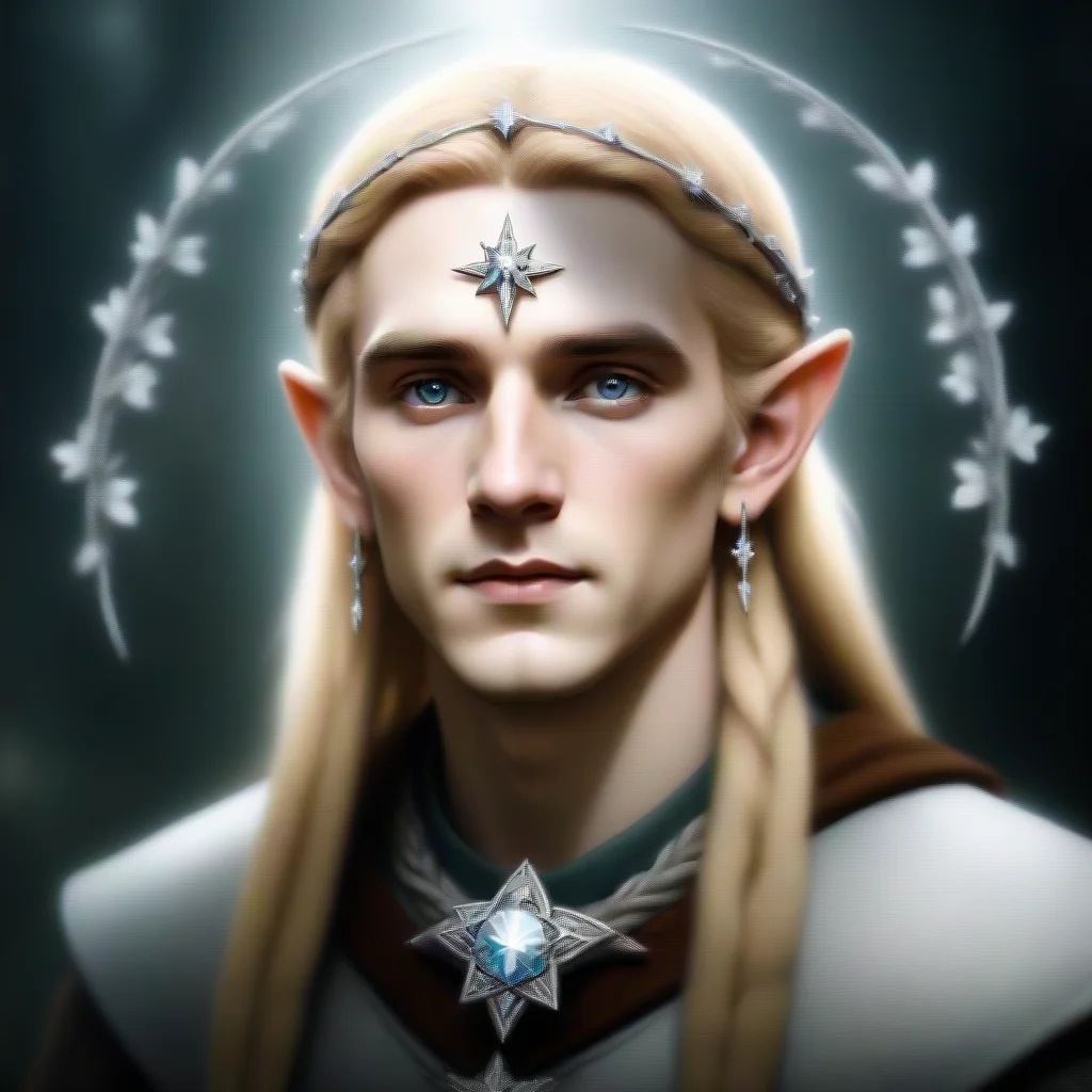 trending tolkien king amdir with blond hair and braids wearing silver star flowers encrusted with diamonds to form a silver elvish circlet with large center diamond good looking fantastic 1