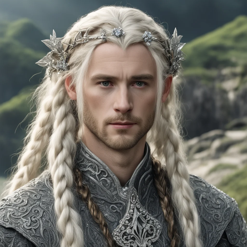 aitrending tolkien king amroth with blond hair and braids wearing silver flower serpentine sindarin elvish circlet encrusted with diamonds with large center diamond  good looking fantastic 1