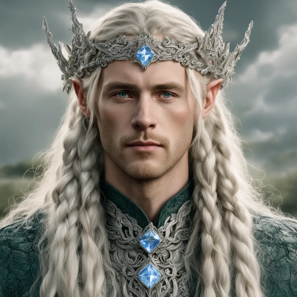 aitrending tolkien king oropher with blond hair and braids wearing silver flower serpentine sindarin elvish circlet encrusted with diamonds with large center diamond  good looking fantastic 1