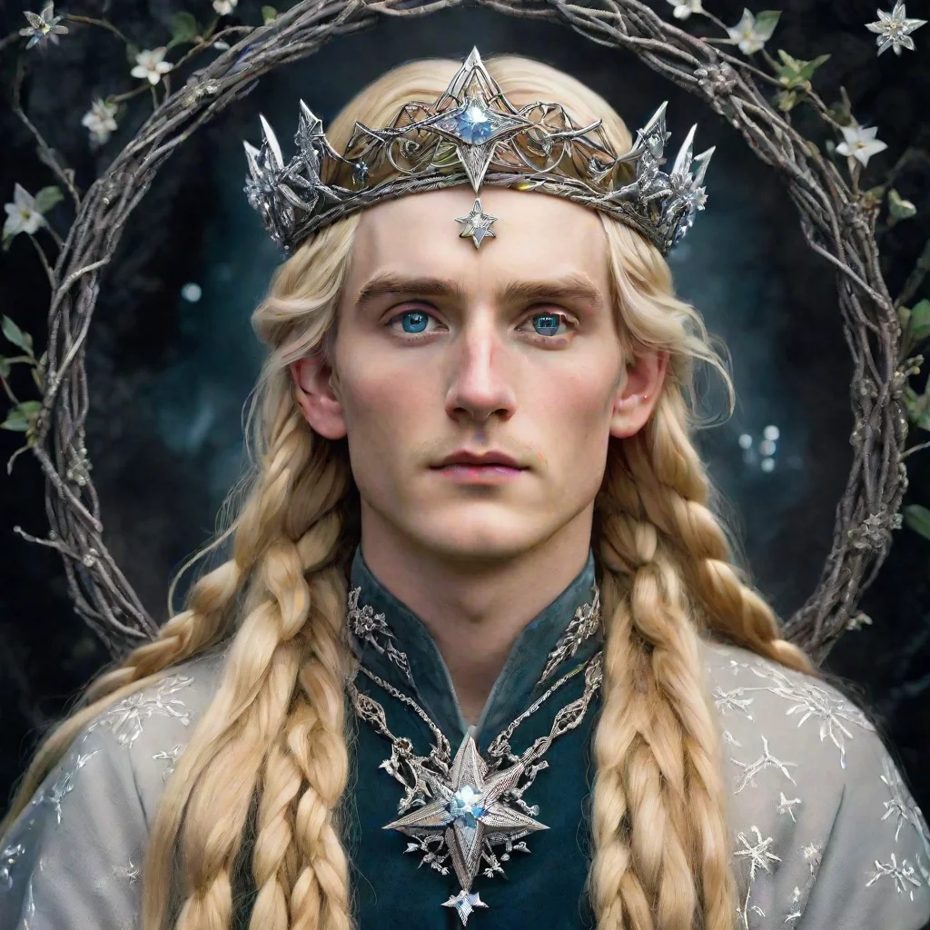 aitrending tolkien king oropher with blond hair and braids wearing silver star flowers encrusted with diamonds to form a silver elvish circlet with large center diamond good looking fantastic 1