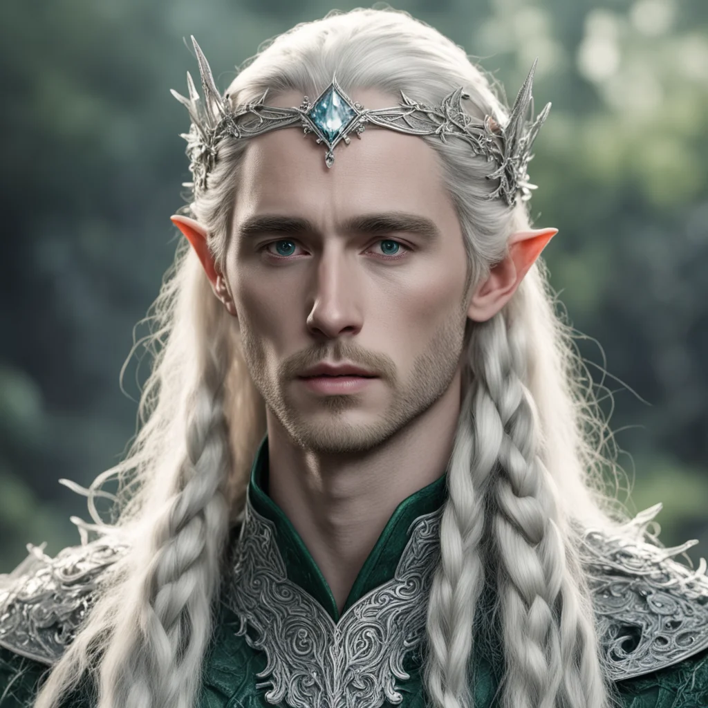 aitrending tolkien king thranduil with blond hair and braids wearing silver flower serpentine sindarin elvish circlet encrusted with diamonds with large center diamond  good looking fantastic 1