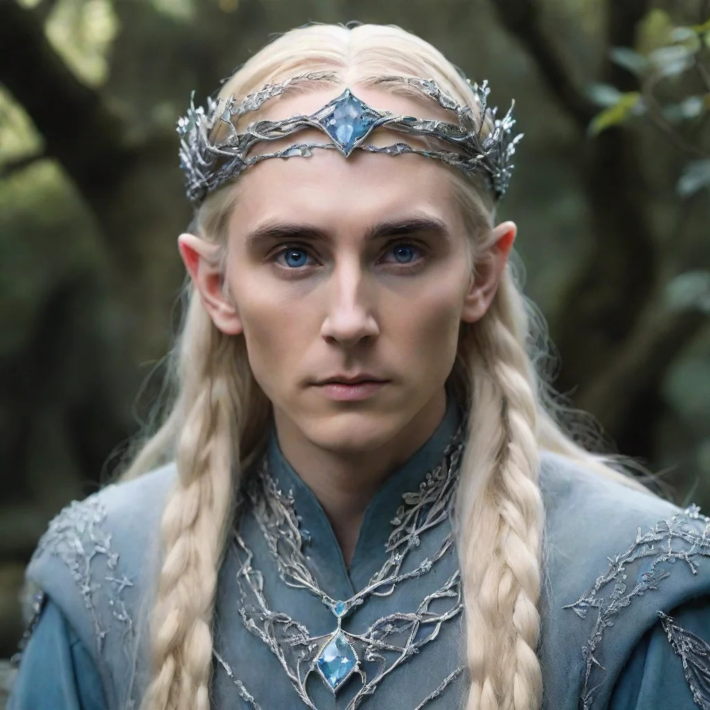 trending tolkien king thranduil with blond hair and braids wearing silver vines intertwined to form a silver elvish circlet encrusted with diamonds with large light blue diamond in the center good l