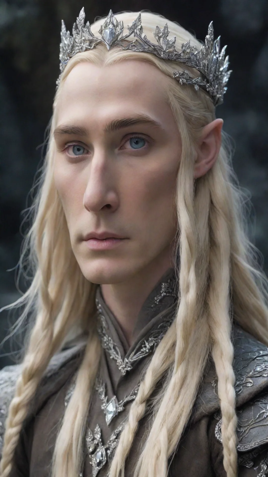 trending tolkien king thranduil with blonde hair and braids wearing silver flowers encrusted with diamonds forming a silver serpentine elvish circlet encrusted with diamonds with large center diamon