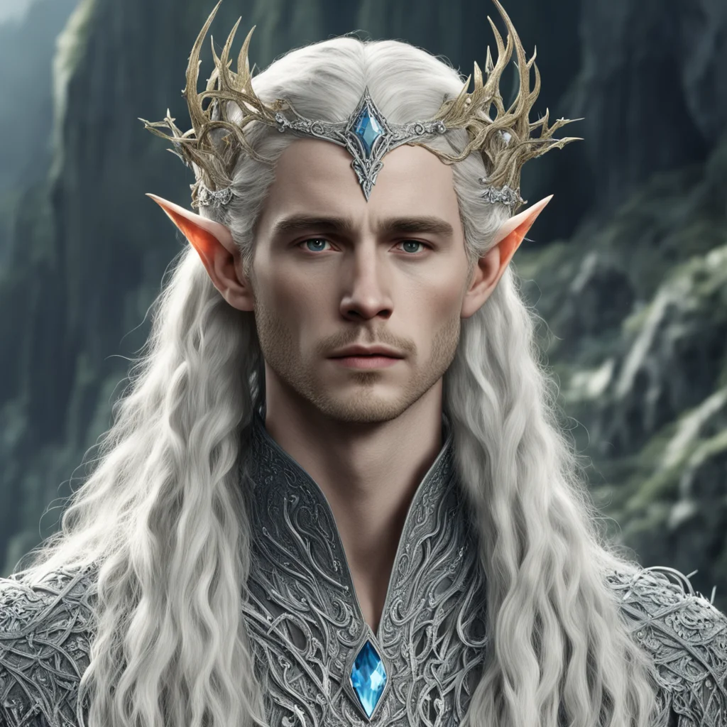 trending tolkien king thranduil with blonde hair and braids wearing silver vines encrusted with diamonds with clusters of diamonds forming a silver serpentine elvish circlet with large center diamon