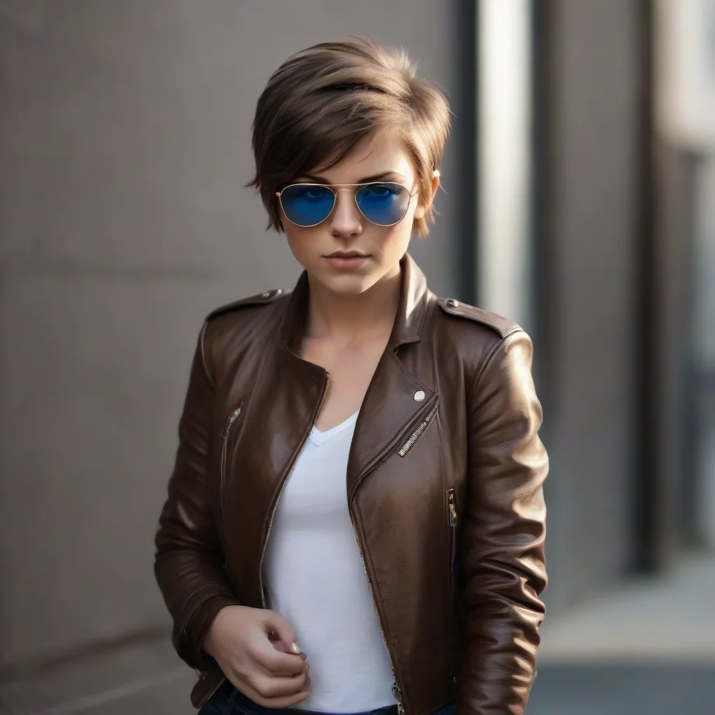 trending tomboy female short brown hair with silver blue eyes and leather jacket with golden frame sunglasses  good looking fantastic 1