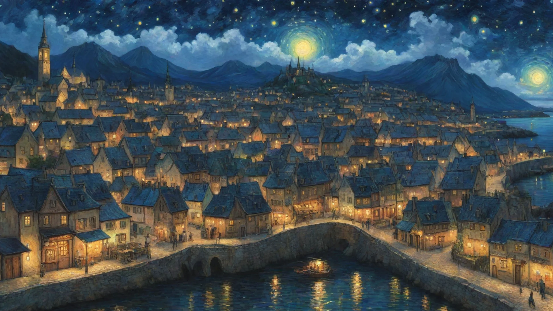 trending town lit up at night sky epic lovely artistic ghibli van gogh happyness bliss peace  detailed asthetic hd wow good looking fantastic 1 wide