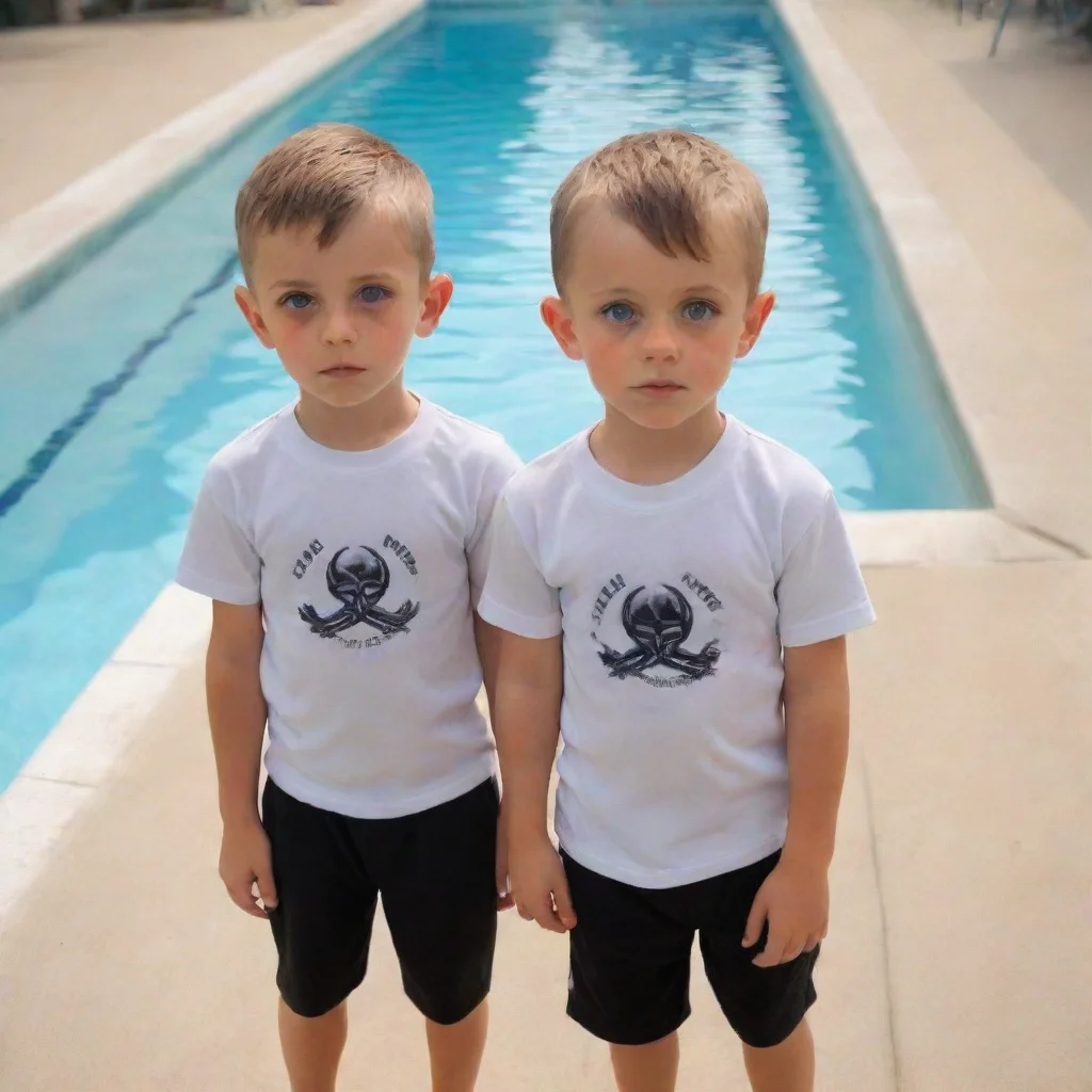 aitrending twin boys at swimming pool indoctrinated by hydra agents into compliant neo nazi fitness cultist boys with white gym shirts and amber eyes good looking fantastic 1