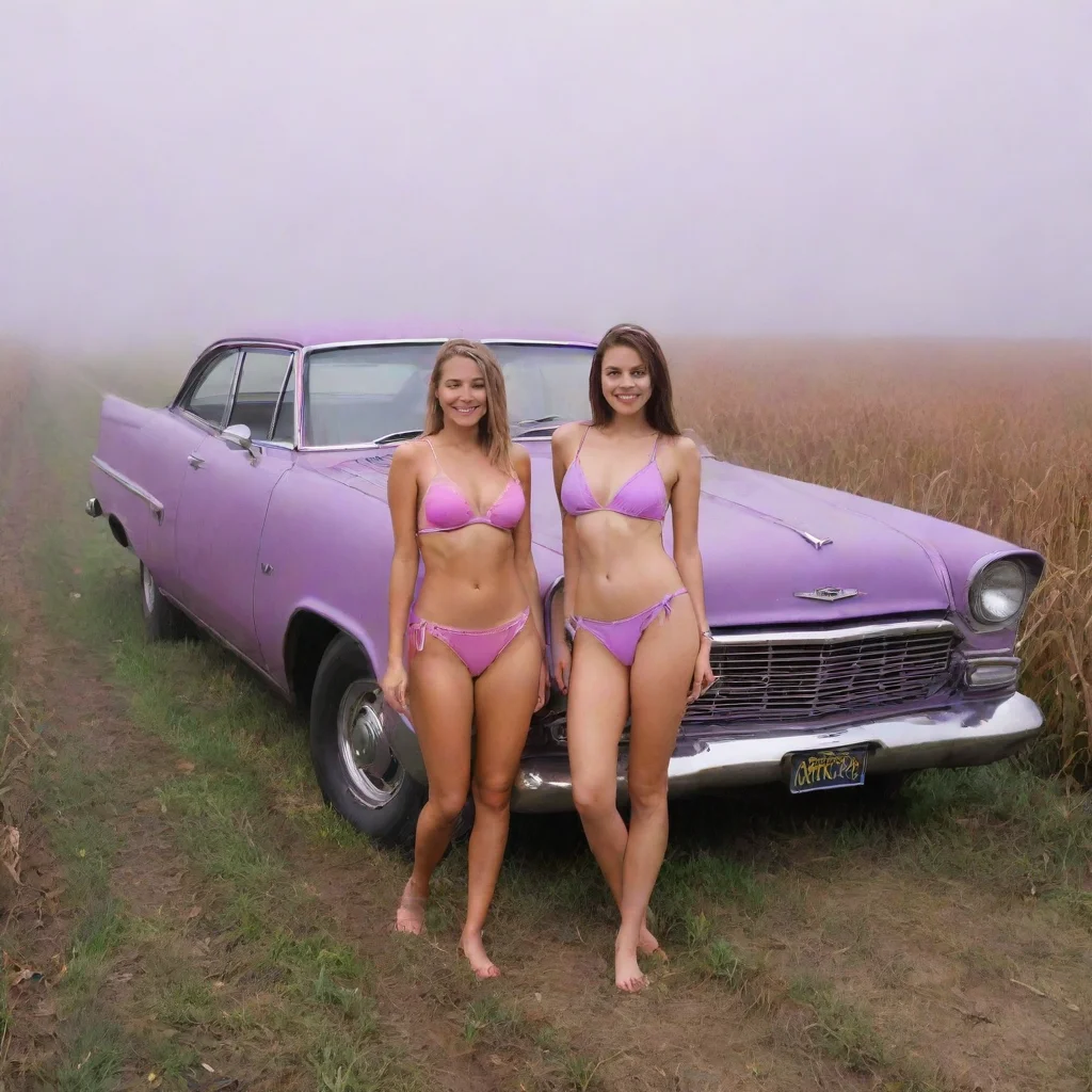 aitrending two happy girls in pink bikinis%2C posing in front of a purple old car on a foggy dirtroad through the cornfields good looking fantastic 1