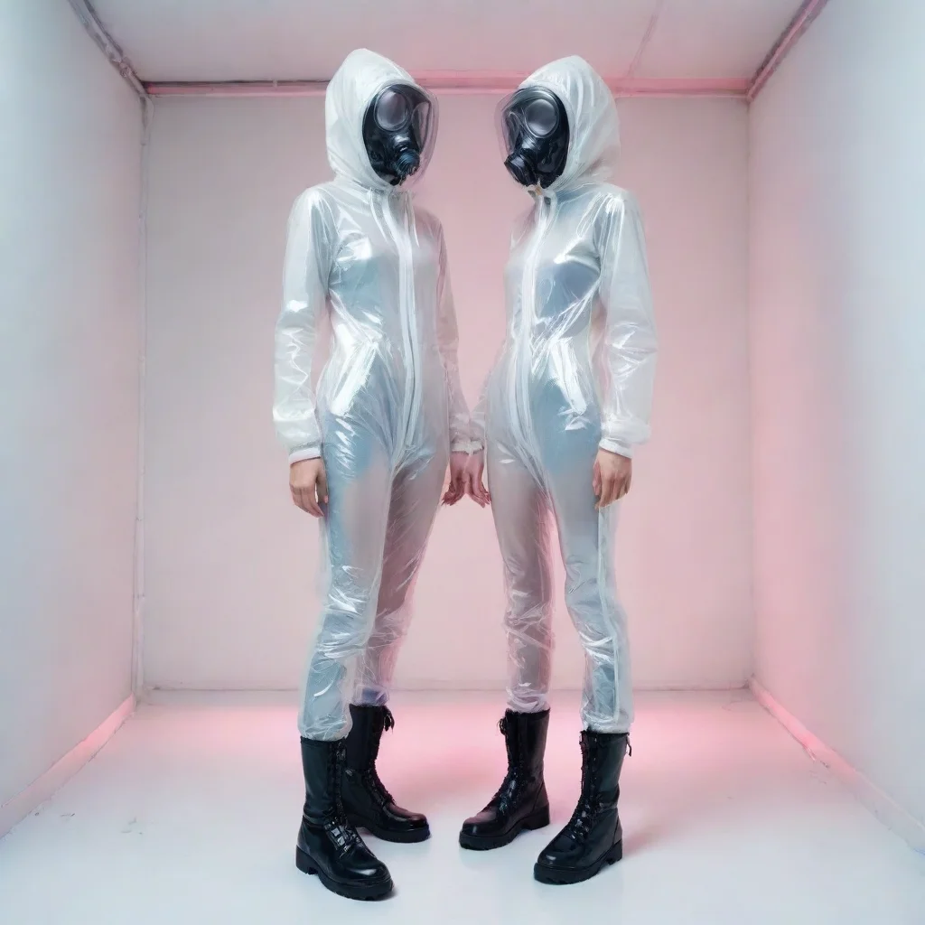 trending two skinny girls with transparent white shiny long vinyl jacket with wide hood  full enclosed rubber gasmask standing upright in white room with neon light whole body hands in pocket good l