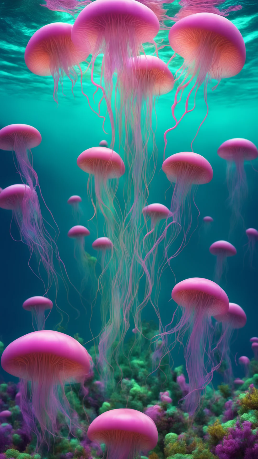 trending underwater full of strange jellyfish colorful cgi 3d surreal good looking fantastic 1 tall
