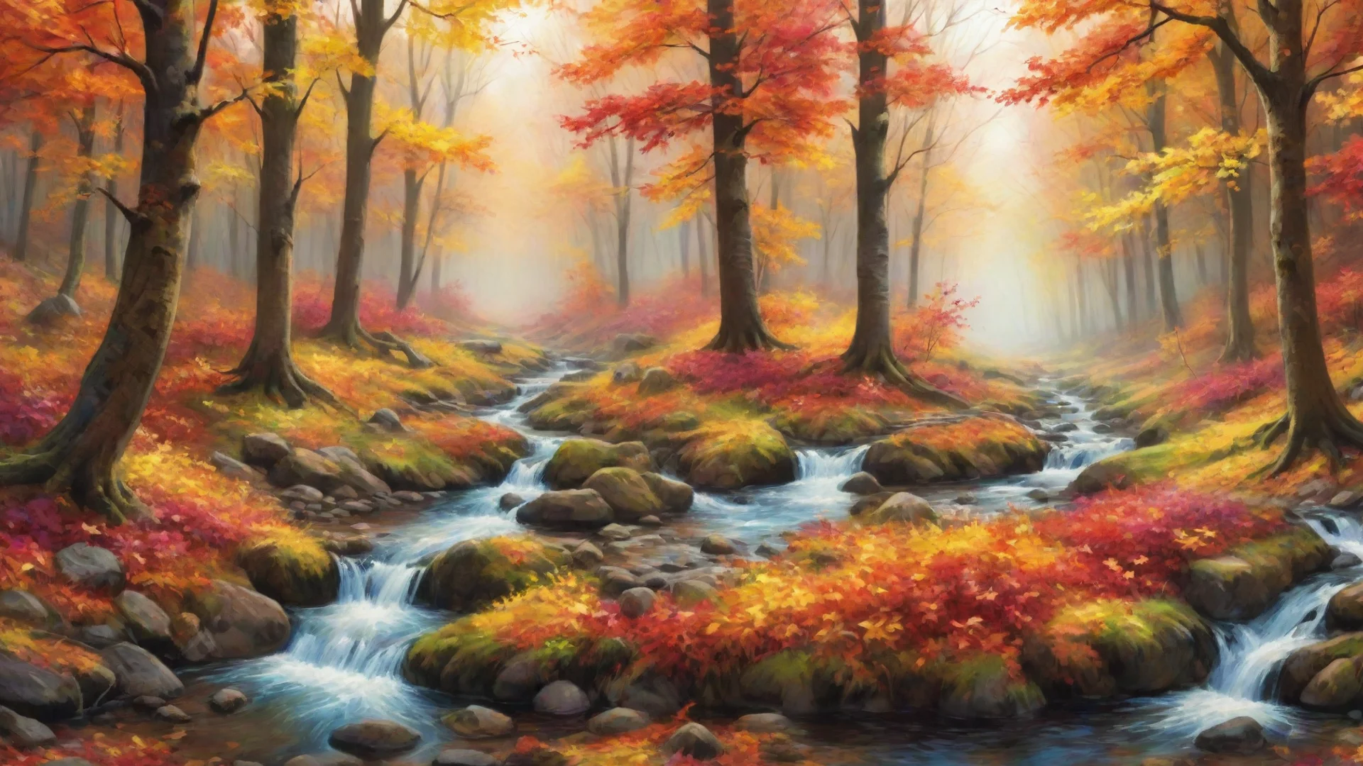 trending vibrantly colorful cozy autumn forest with a stream art wallpaper good looking fantastic 1 wide