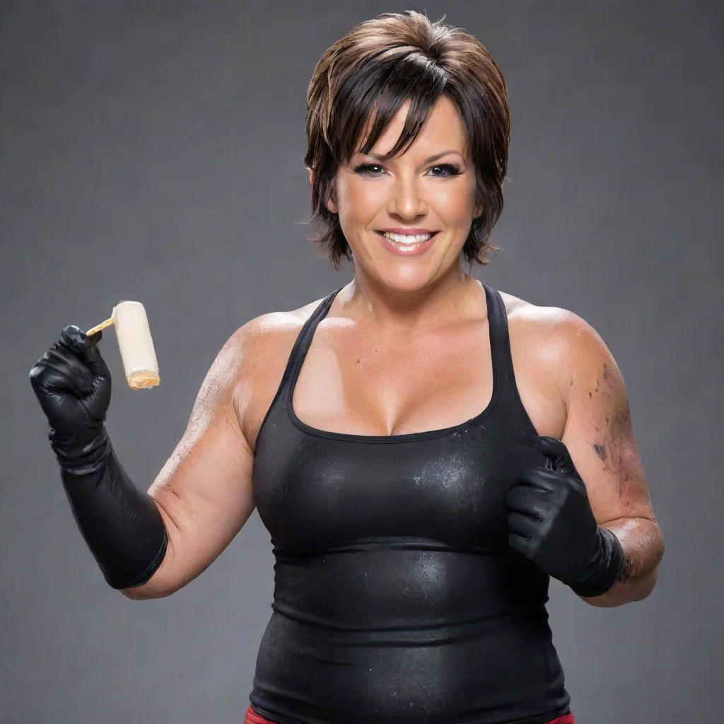 aitrending vickie guerrero smiling with black  nitrile gloves and gun and mayonnaise splattered everywhere good looking fantastic 1