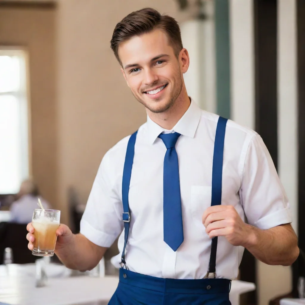 trending waiter serving beverage in white shirt with blue suspenders good looking fantastic 1
