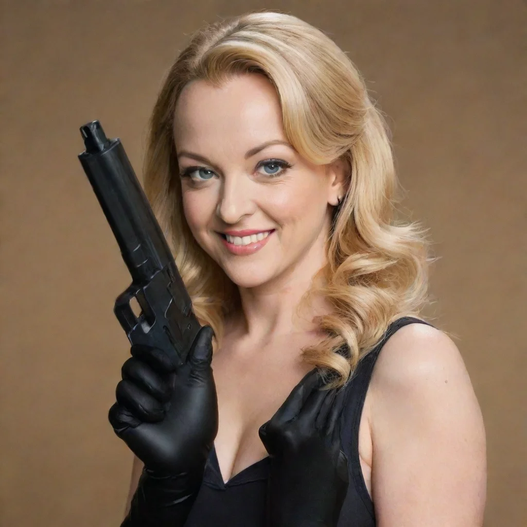 trending wendi mclendon covey actress smiling seriously with black nitrile gloves and gun  good looking fantastic 1