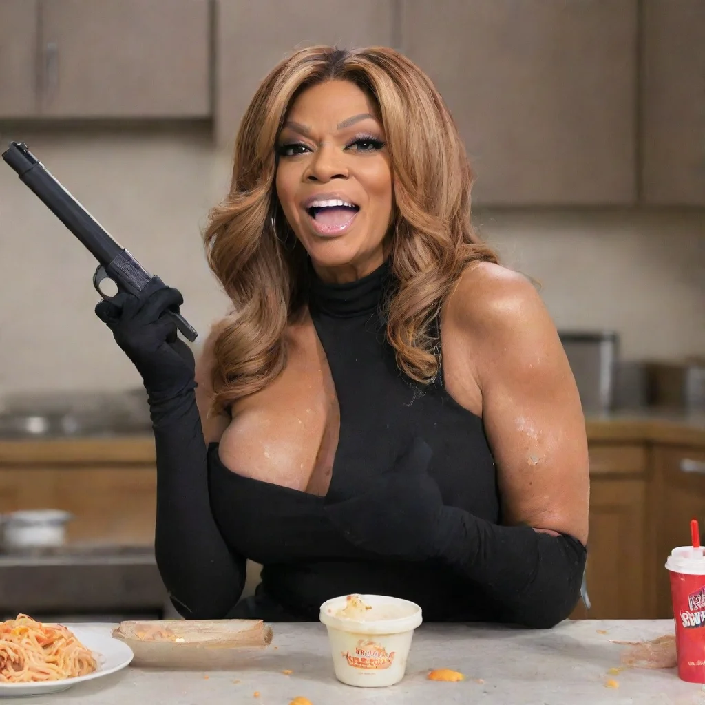 trending wendy williams  smiling with black gloves and gun and mayonnaise splattered everywhere good looking fantastic 1
