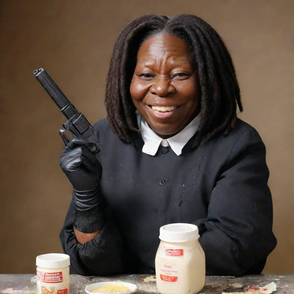 trending whoopi goldberg smiling with black gloves and gun and mayonnaise splattered everywhere good looking fantastic 1
