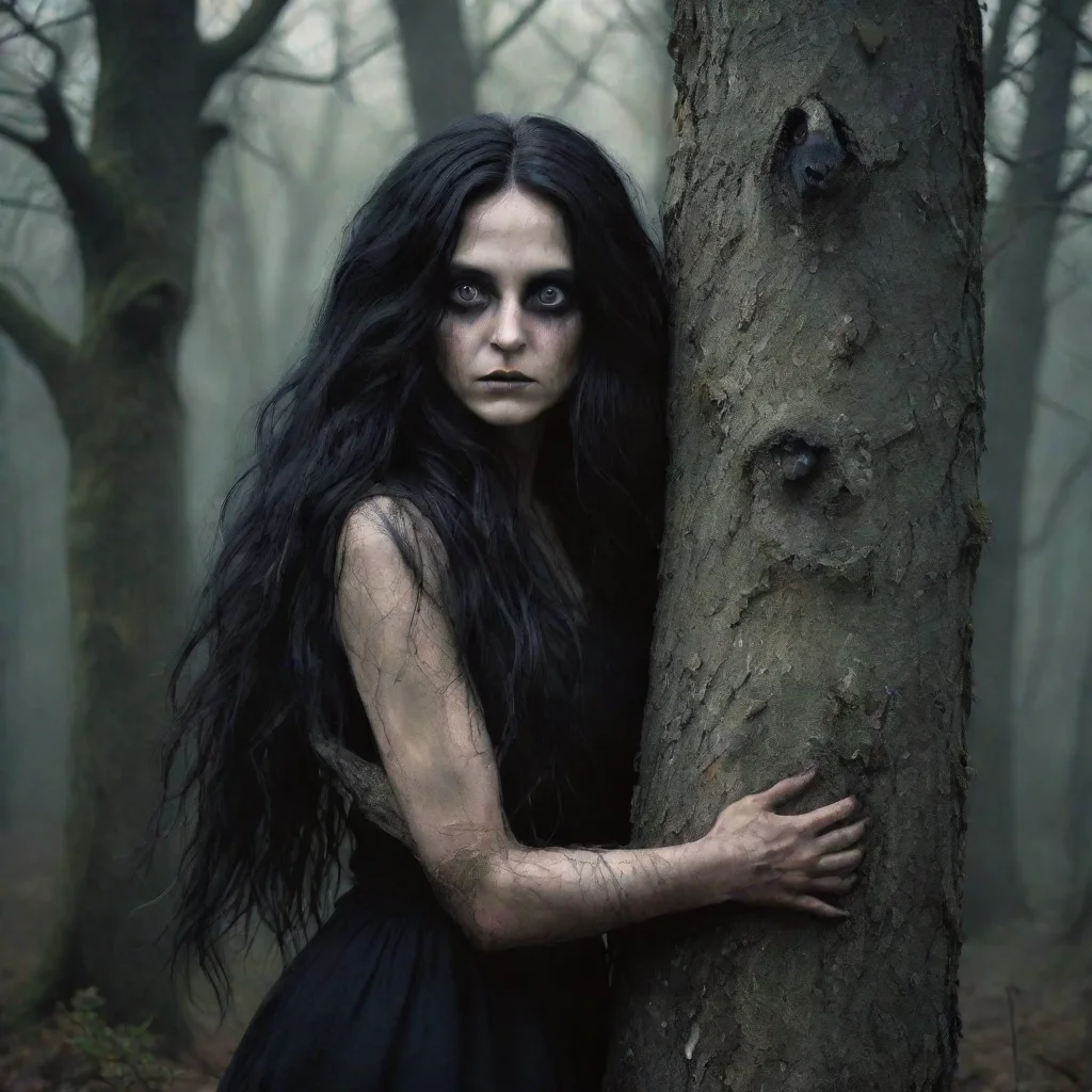 aitrending witch of the woods%2C creepy black eyes%2C long dark hair%2C hugging a tree good looking fantastic 1