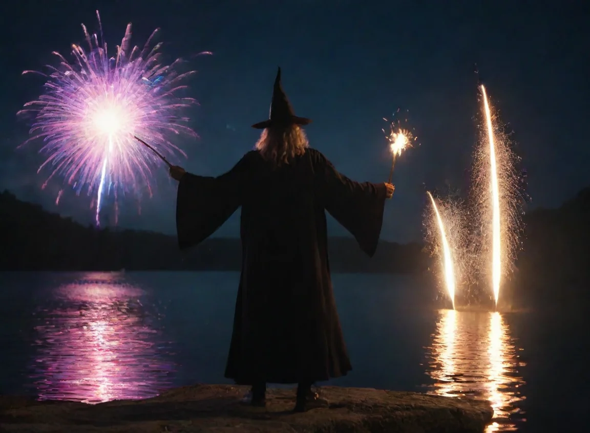trending wizard powerful fireworks magic using staff water on lake stary night hd 8k good looking fantastic 1 landscape43
