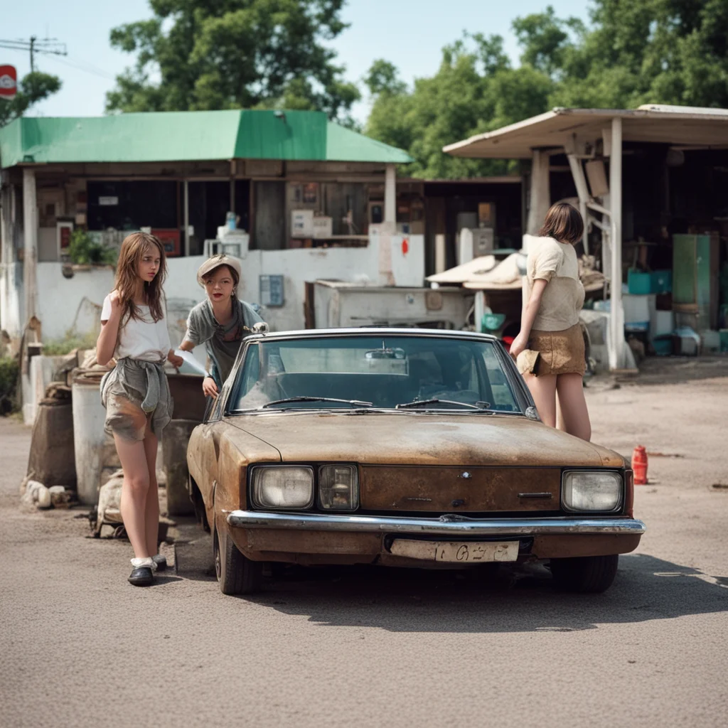 aitrending wo stoned english girls%2C at an uncanny total gas station%2C with their old rusty nissan sunny wagon good looking fantastic 1