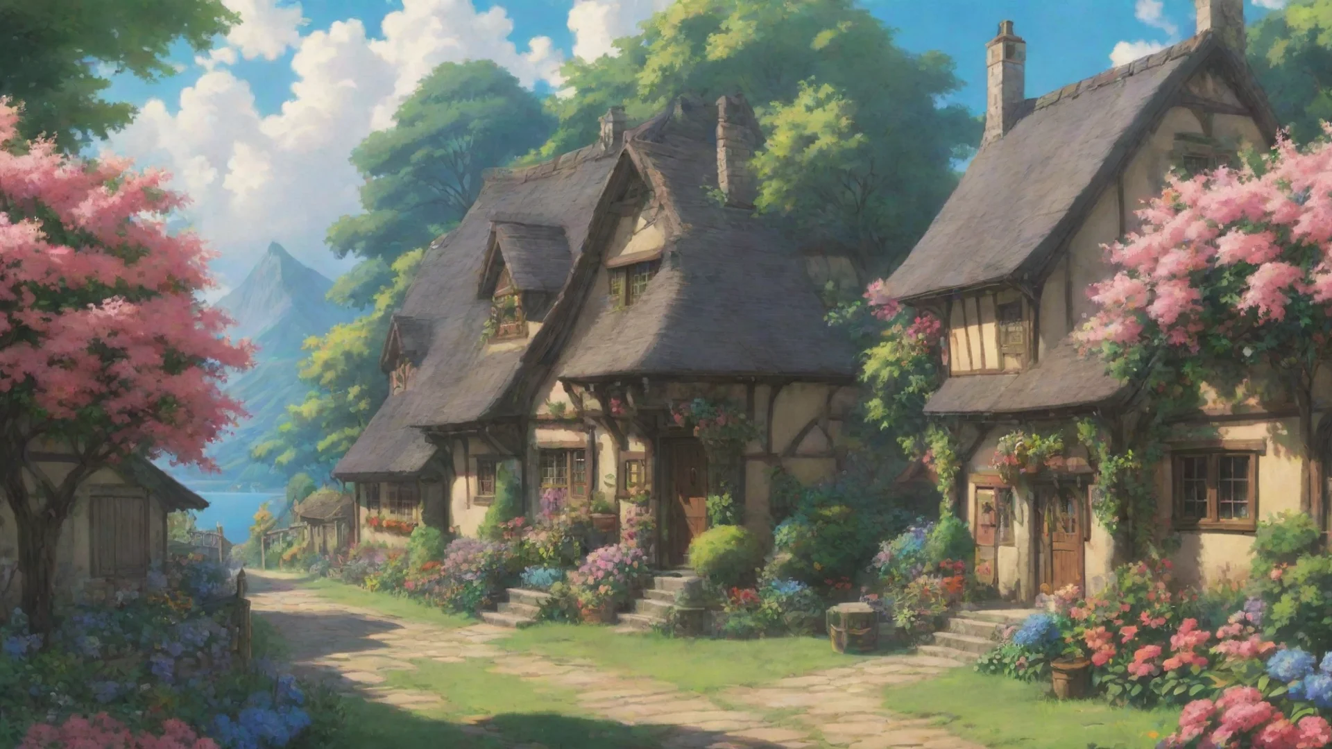 trending wonderful ghibli landscape epic anime hd aesthetic town cottages flowers good looking fantastic 1 wide