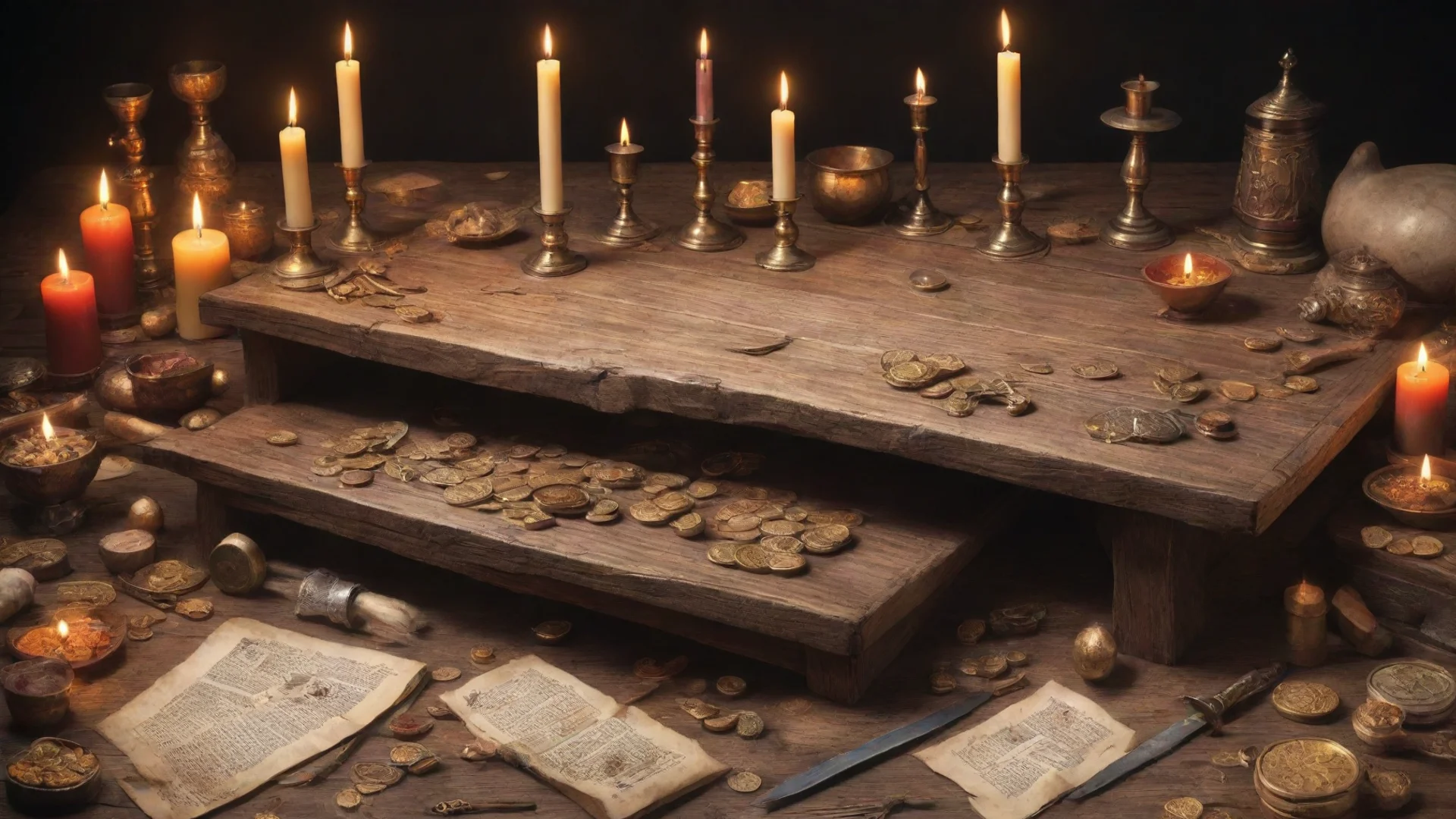aitrending wooden table with gold coins%2C swords%2C candles%2C scrolls and other objects related to medieval fantasy%2C color drawing good looking fantastic 1 wide