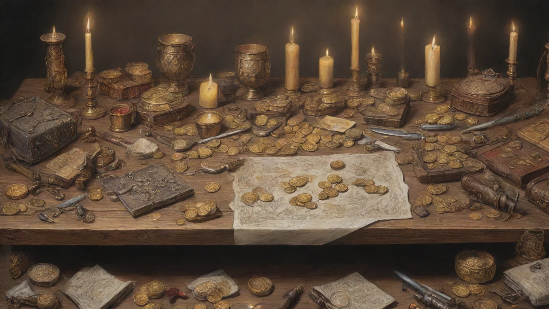 aitrending wooden table with gold coins and purse and weapons and armors and candles and scrolls%2C color drawing good looking fantastic 1 wide