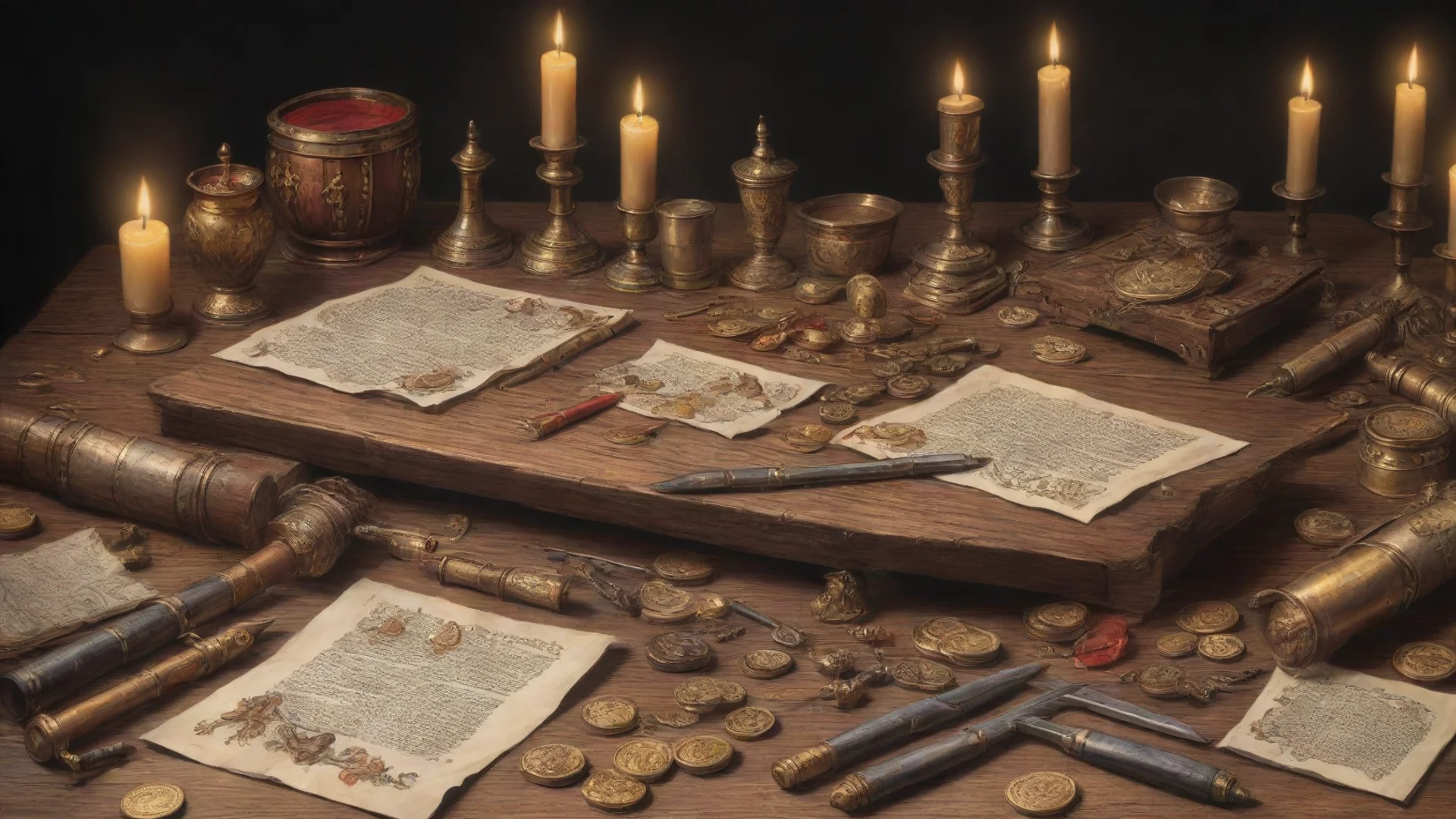 aitrending wooden table with weapons and armors and candles and scrolls and gold coins%2C color drawing good looking fantastic 1 wide
