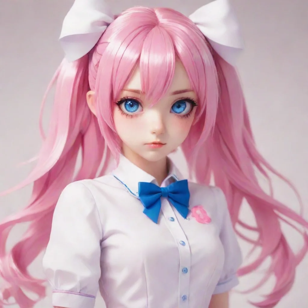aitrending yandere pink and white unform%2C big bow in hair with blue eyes pink hair with white highlights has knife good looking fantastic 1