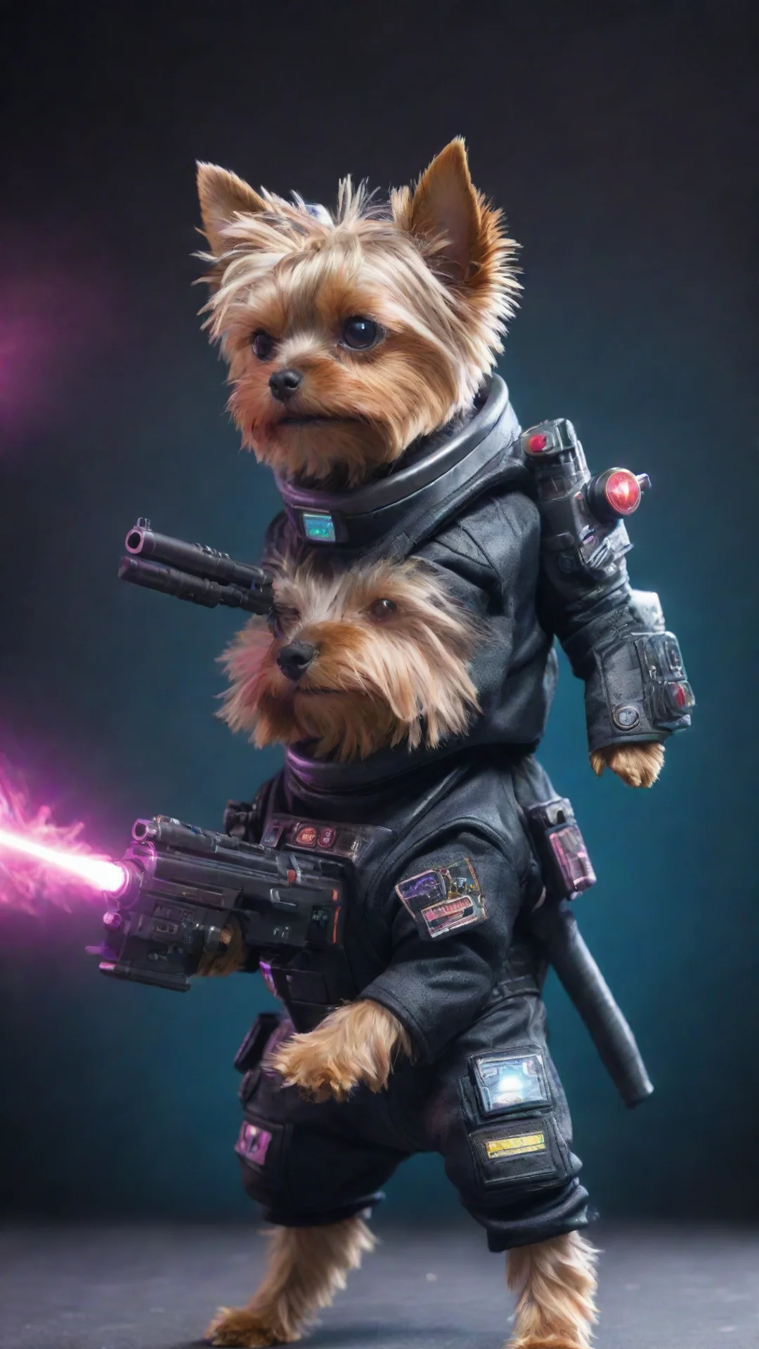 aitrending yorkshire terrier in a cyberpunk space suit firing a laser gun good looking fantastic 1 tall