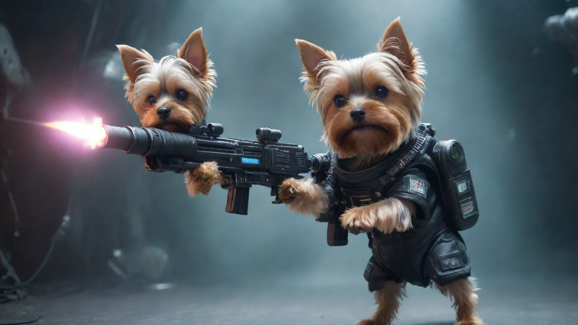trending yorkshire terrier in a cyberpunk space suit firing at aliens good looking fantastic 1 wide