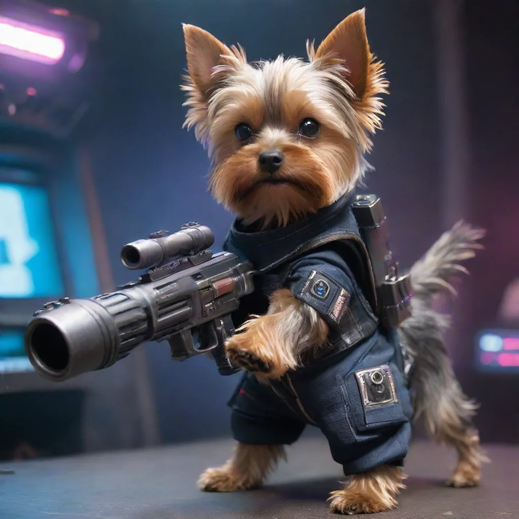 trending yorkshire terrier in a cyberpunk space suit firing big gun good looking fantastic 1