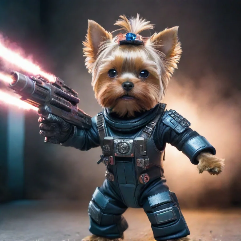 trending yorkshire terrier in a cyberpunk space suit firing big weapon confident good looking fantastic 1