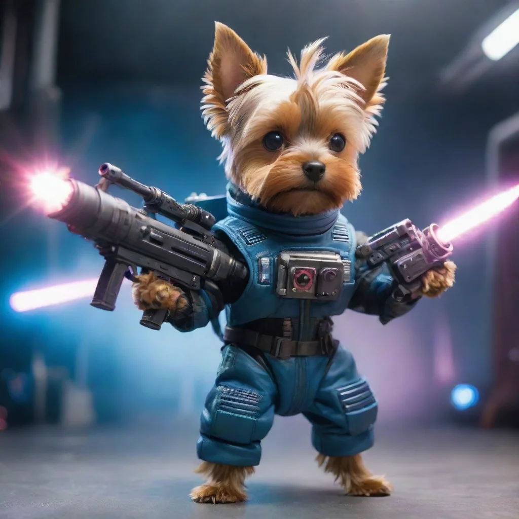 trending yorkshire terrier in a cyberpunk space suit firing big weapon good looking fantastic 1