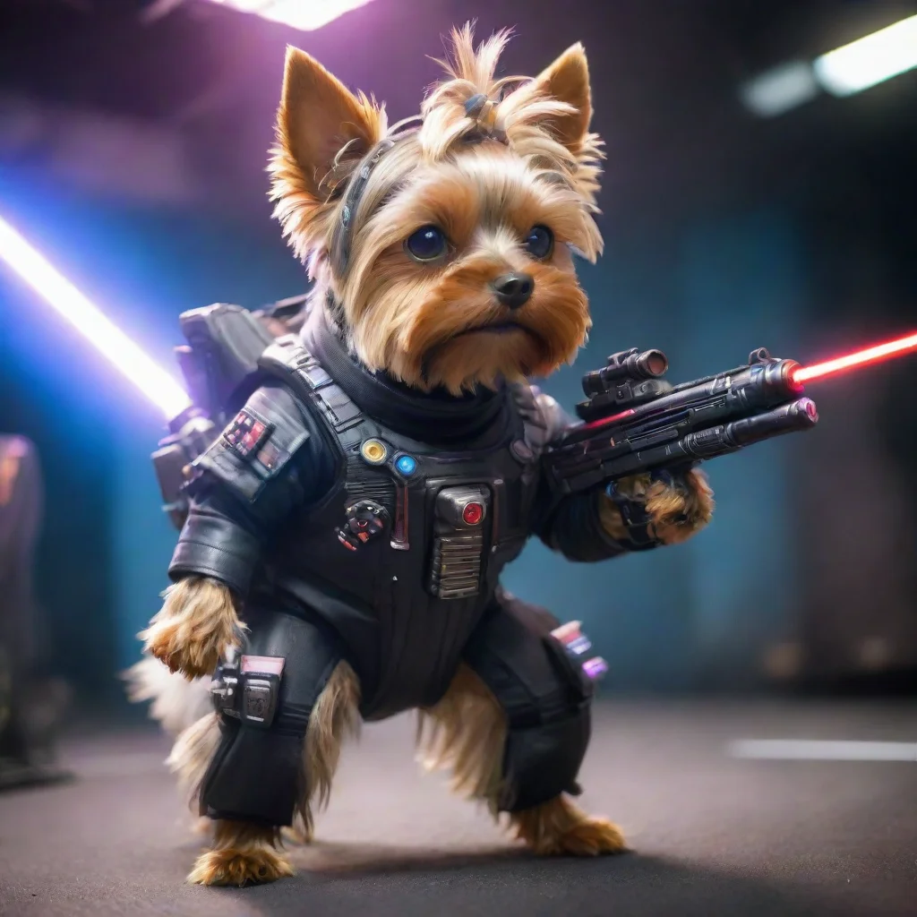 aitrending yorkshire terrier in a cyberpunk space suit firing laser gun fantasy good looking fantastic 1