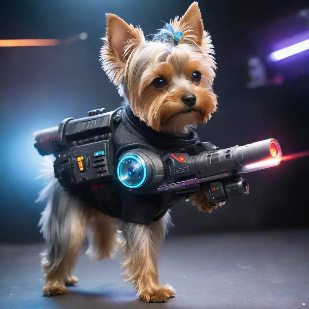 aitrending yorkshire terrier in a cyberpunk space suit firing laser gun good looking fantastic 1