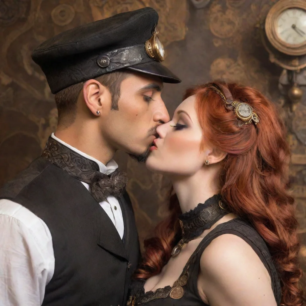 trending young adult red haired girl kissing a middle eastern man in a steampunk background good looking fantastic 1