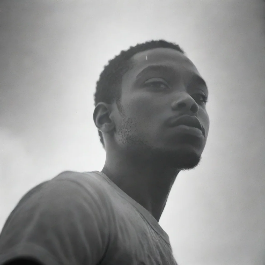 aitrending young african american man%2C low angle%2C 18mm lens%2C grainy black and white film%2C double exposure good looking fantastic 1