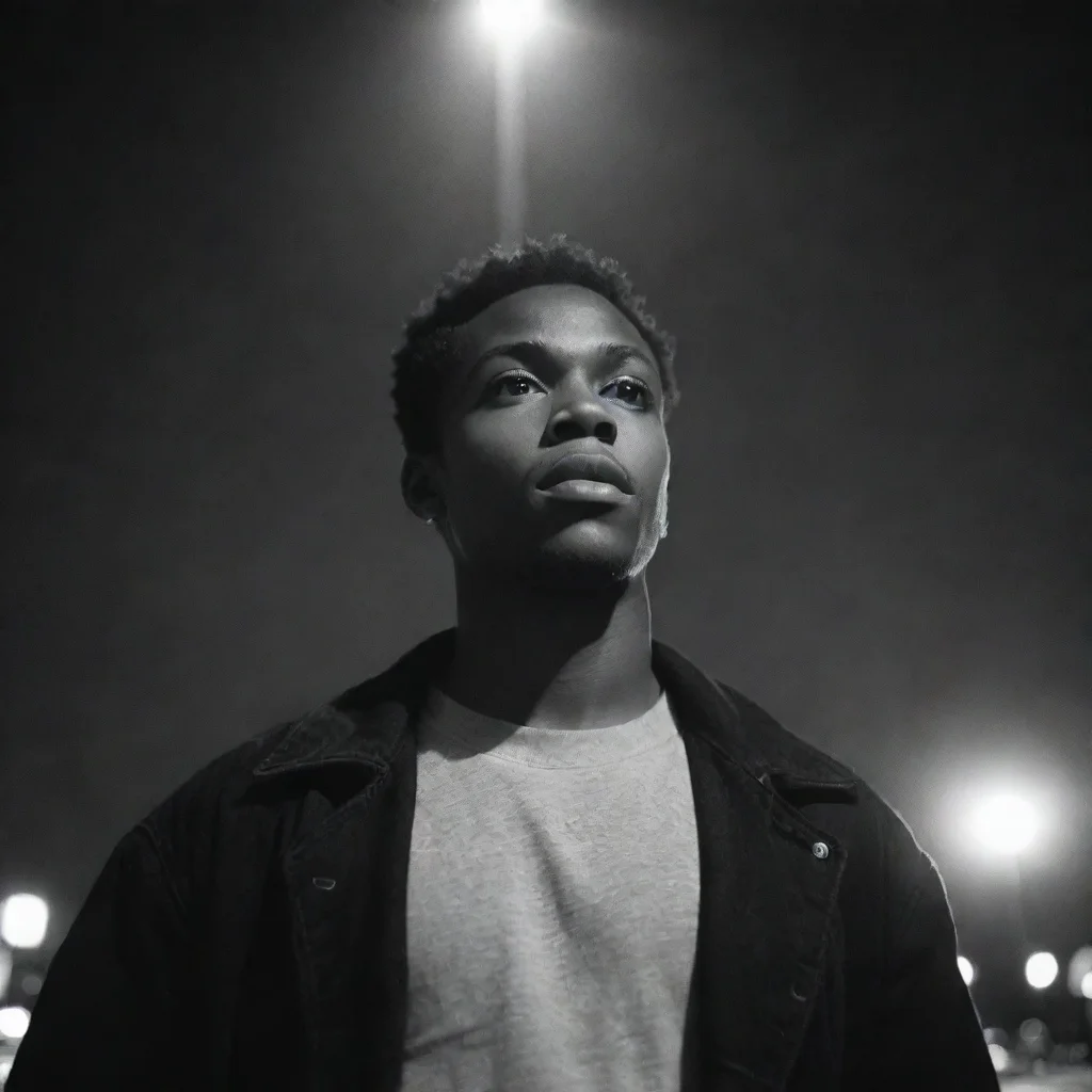 aitrending young african american man%2C low angle%2C 18mm lens%2C grainy black and white film%2C double exposure with streetlights good looking fantastic 1