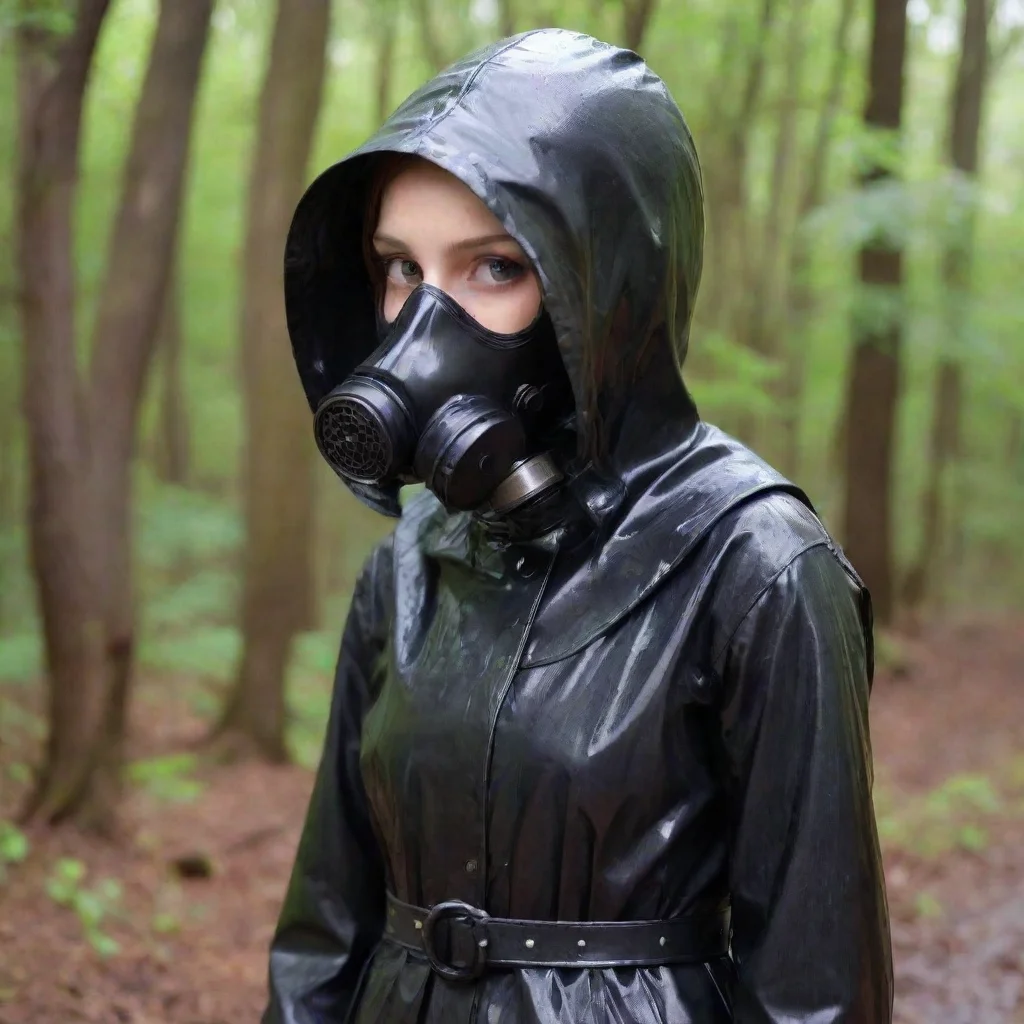 trending young girl long wet black raincoat enclosed hood full rubber gasmask good looking fantastic 1