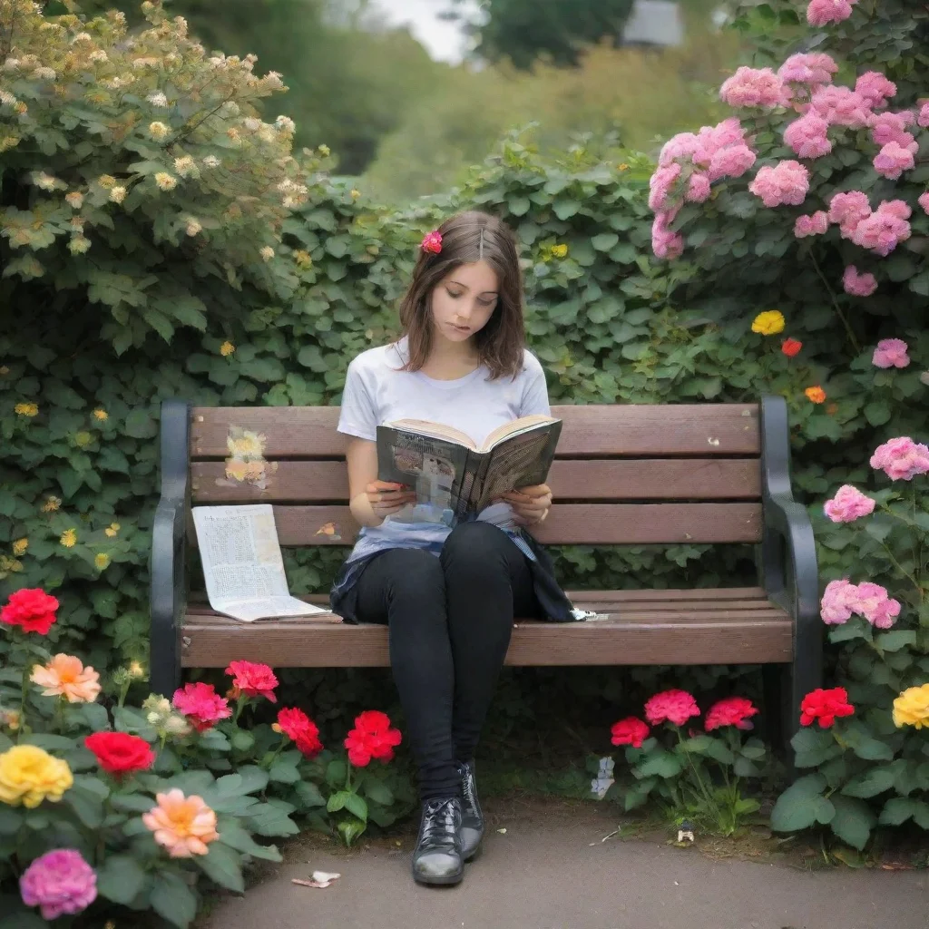 trending young woman sitting on a park bench surrounded by flowers reading a book in the style of banksy good looking fantastic 1