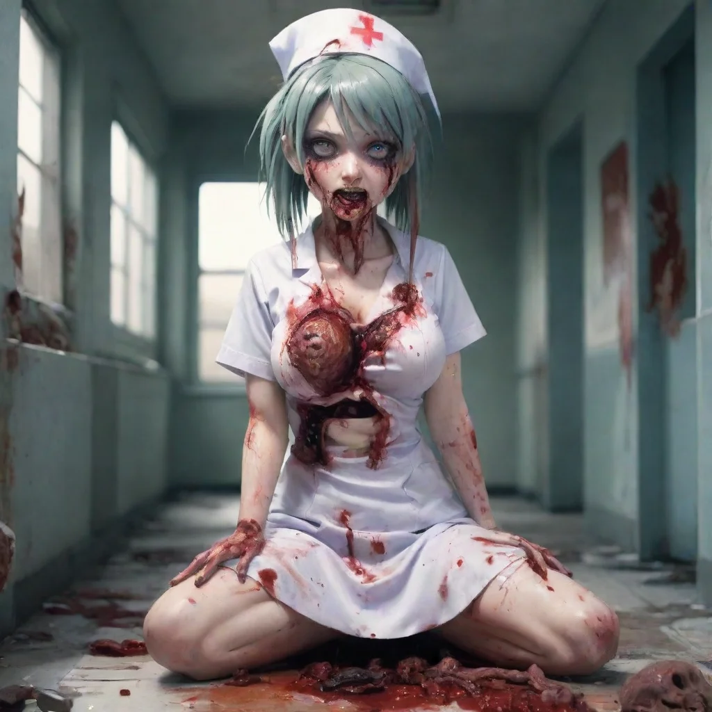 aitrending zombie nurse gory anime in a ruined hospital with her chest torn open and intestines spilling out holding a knife cute anime style good looking fantastic 1