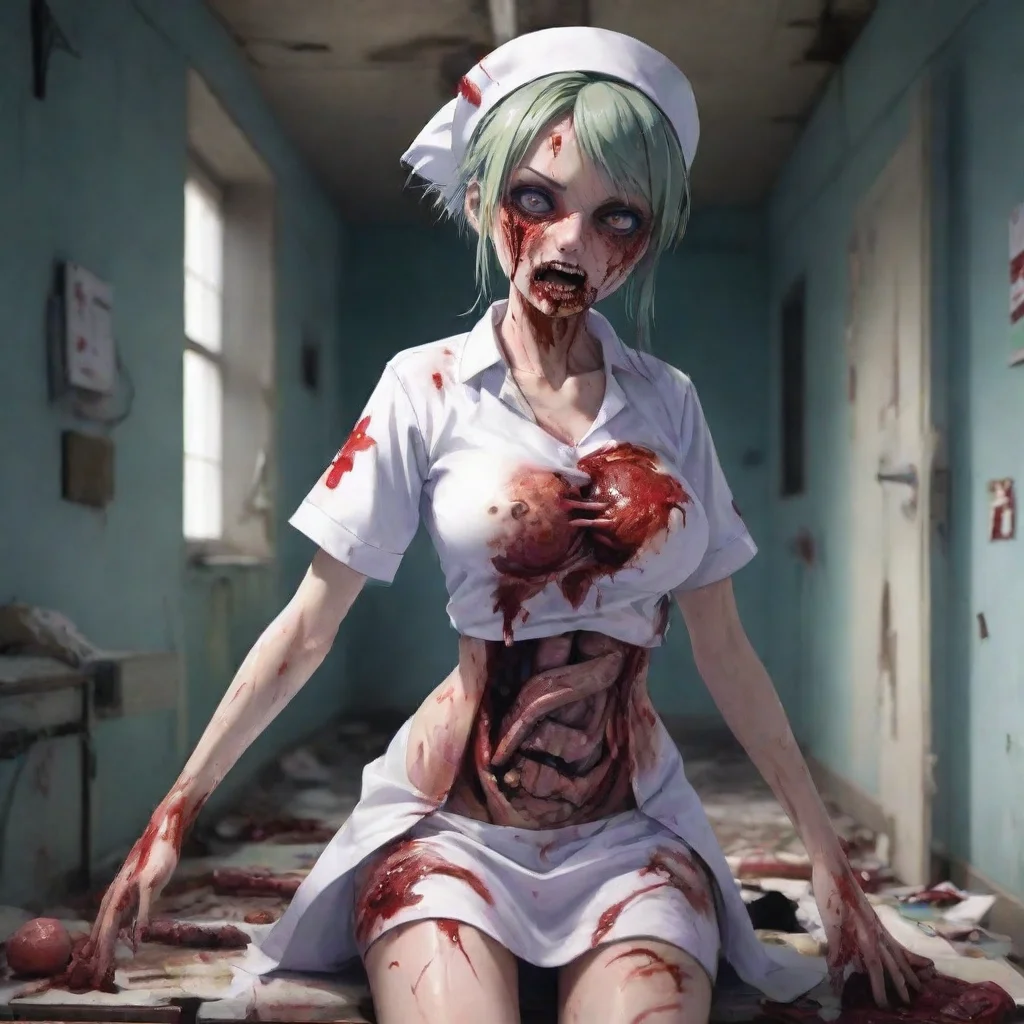trending zombie nurse gory anime in a ruined hospital with her chest torn open and intestines spilling out holding a knife cute anime style not to scary good looking fantastic 1