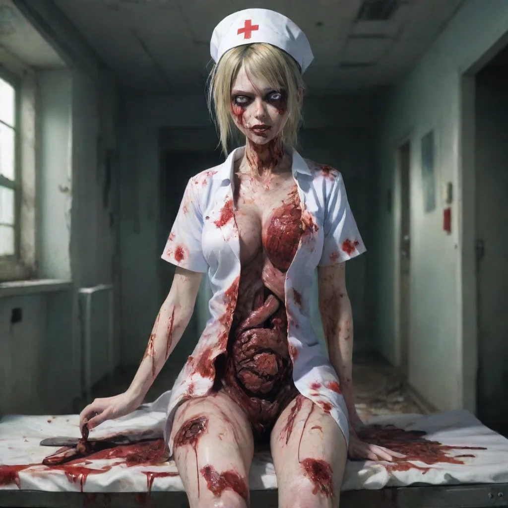 aitrending zombie nurse gory anime in a ruined hospital with her chest torn open and intestines spilling out holding a knife good looking fantastic 1