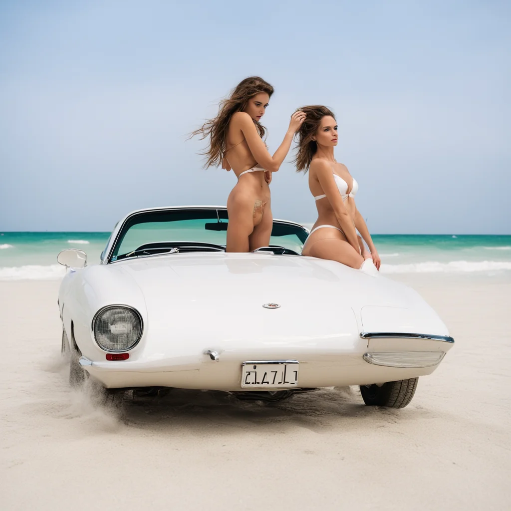 two bikini girls with their white car on the beach 