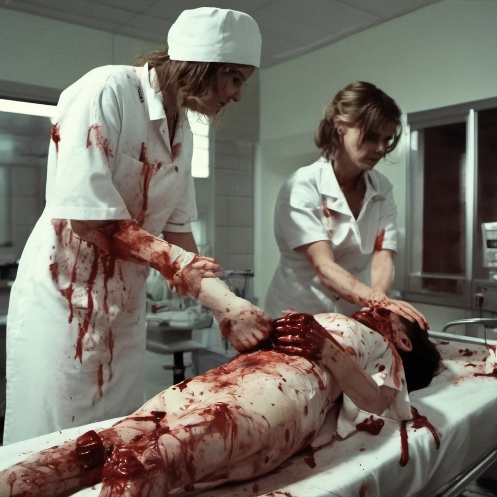 two bloody nurses cutting a dead patient in pieces. uncanny hospital. b horror cinema amazing awesome portrait 2