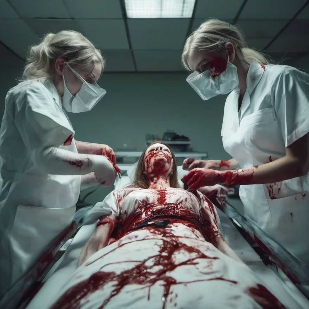 two bloody nurses cutting a dead patient in pieces. uncanny hospital. b horror cinema good looking trending fantastic 1
