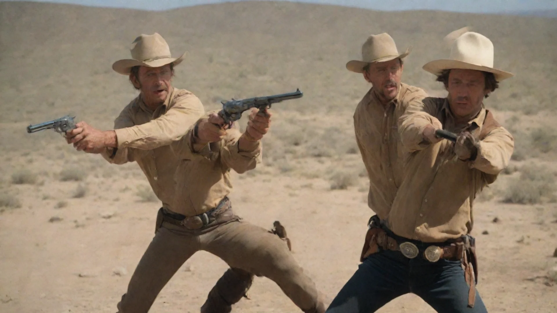two cowboys having a gun duel wide