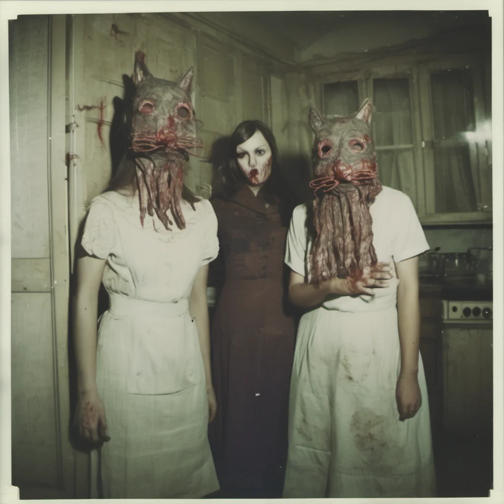 aitwo crazy zombie girls with giant cypress cat masks in an old kitchen    uncanny horror    polaroid amazing awesome portrait 2