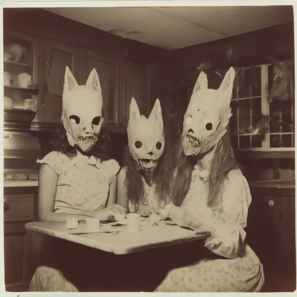 two crazy zombie girls with giant cypress cat masks in an old kitchen    uncanny horror    polaroid confident engaging wow artstation art 3